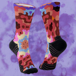 Calcetines Retro Mandala Flor Azul Rojo y Naranja