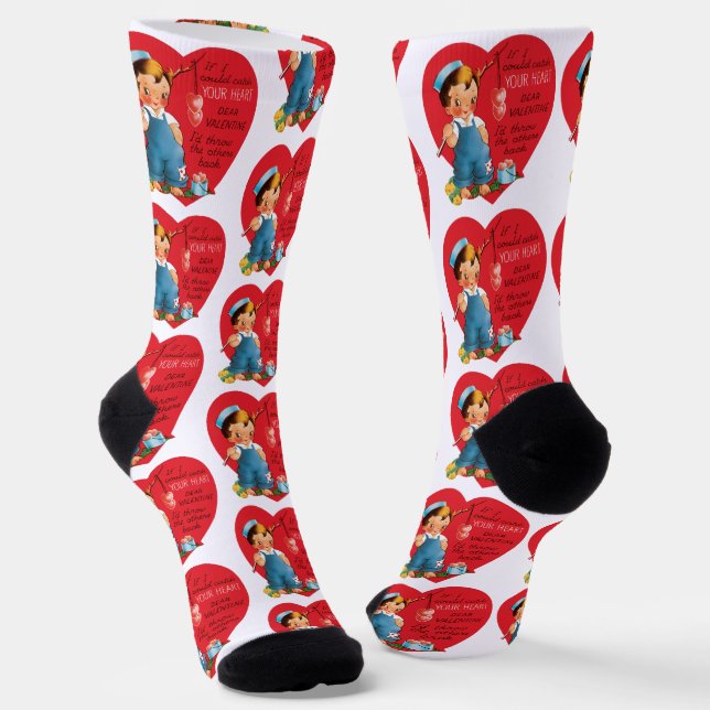 Calcetines Retro Valentine's Day, Vintage Boy Fishing Hearts (Angular)