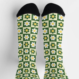 Calcetines Retro Verde Salvia y Crema Cuadro de Margarita