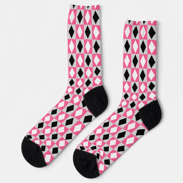 Calcetines Rhombus Diamond rosa negro blanco geométrico (Izquierda)