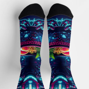 Calcetines Robot Cyberpunk Futurista Comida Ramen Neon
