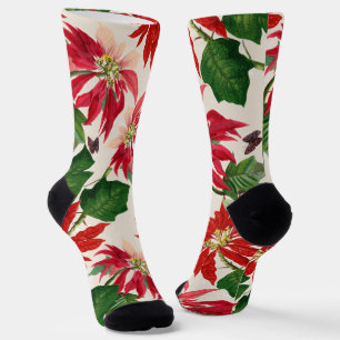 Calcetines Rojo Rústico Flor de Nochebuena Floral Verde Acuar
