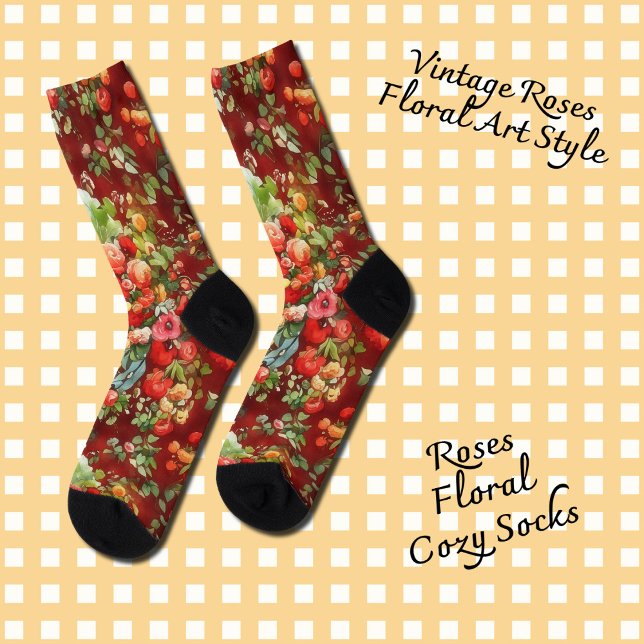 Calcetines Rosas de la época zócalos con estilo de arte flora (Vintage Roses art pattern on cozy socks.)