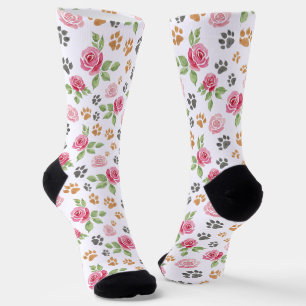 Calcetines Rosas en acuarela y huellas de patas de mascotas F