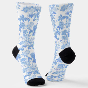 Calcetines Rosas florales blancas azules patrón chinoiserie f