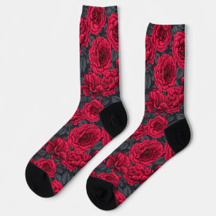 Calcetines Rosas rojas con hojas grises en negro