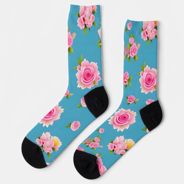 Calcetines Rosas rosadas sobre un fondo azul (Izquierda)