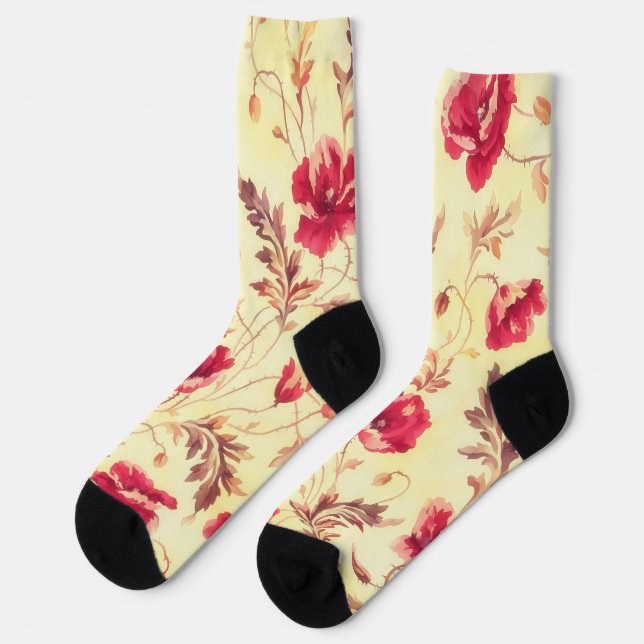 Calcetines Roses Roses Rojos Oro Vintage Estilo Socks florale (Izquierda)