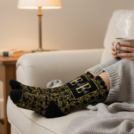 Calcetines Royal Black & Gold Damask Floral Pattern Monogram