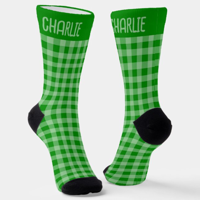 Calcetines Rustic Green Plaid Custom Name on Gingham Pattern (Angular)