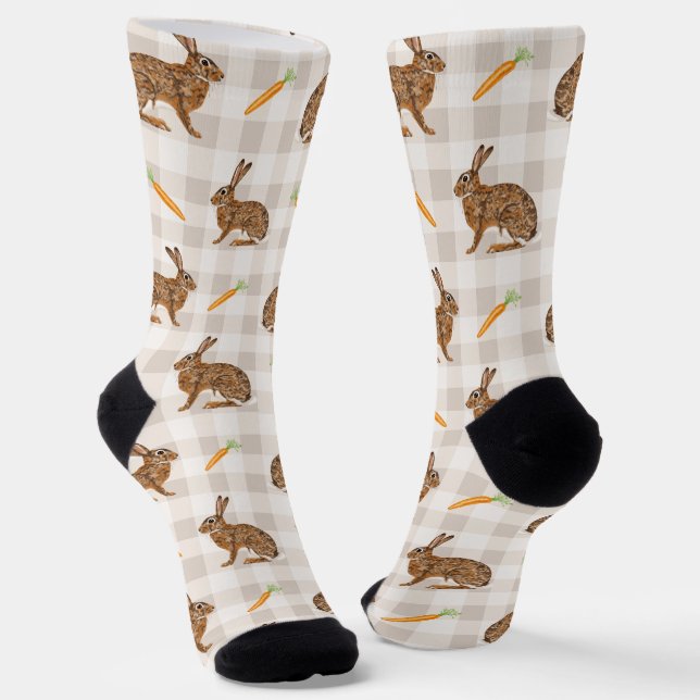 Calcetines Rustic Spring Rabbits And Carrots Beige Gingham (Angular)