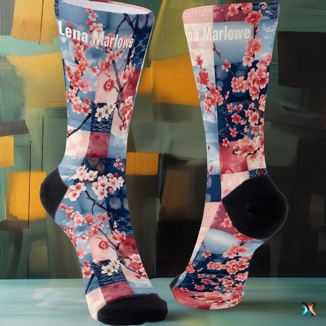 Calcetines Sakura Patchwork zarpa con elegancia azul y rosa (Subido por el creador)