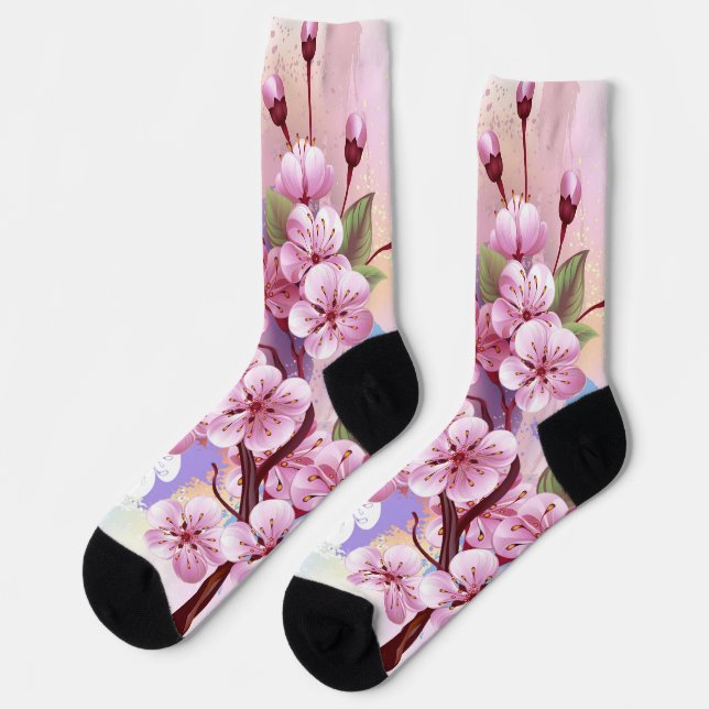 Calcetines Sakura rosa sobre fondo de pintura (Izquierda)