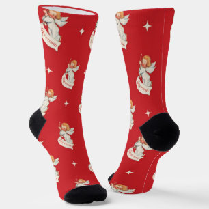 Calcetines Saludos de Navidad vintage, ángeles con estrellas