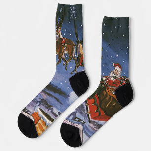 Calcetines Santa Claus navideño vintage volando su trineo