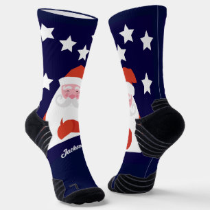 Calcetines Santa sonriente y estrellas en azul