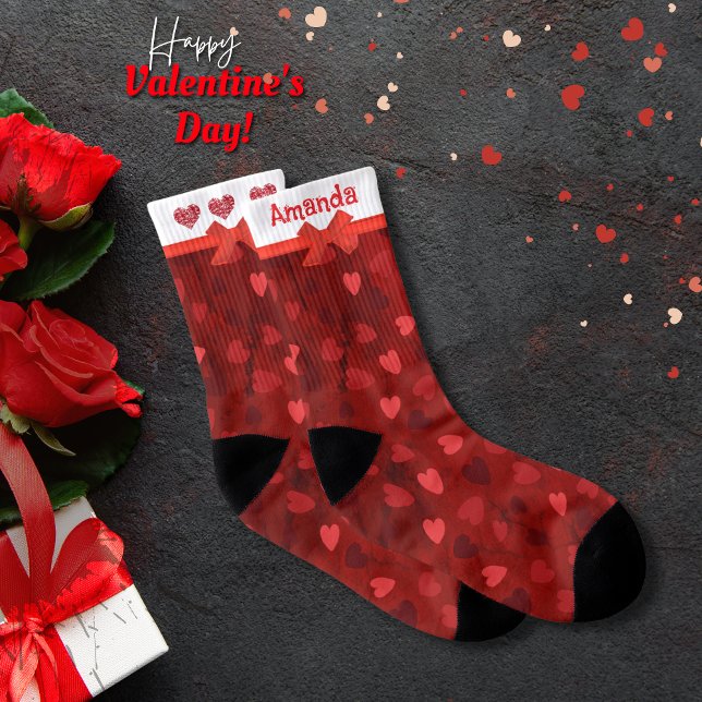 Calcetines Se doblan los corazones de San Valentín rojo (Valentine Red Multi Hearts Bow Socks)