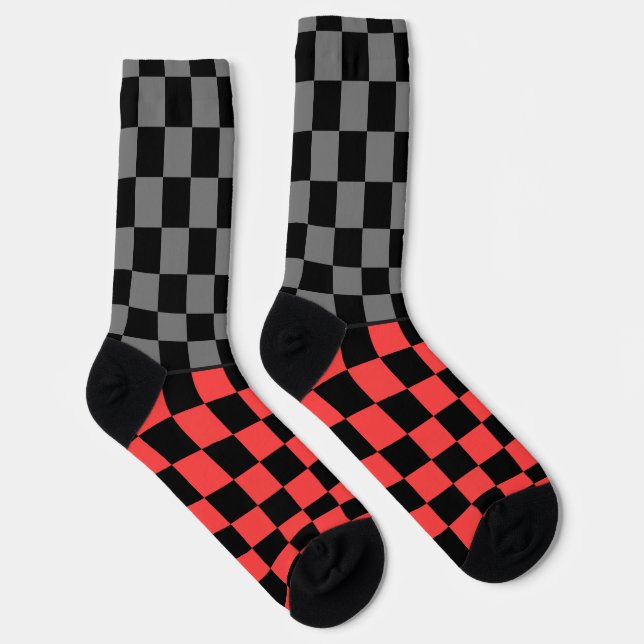 Calcetines Secretly Wild check gray red on black (Derecha)