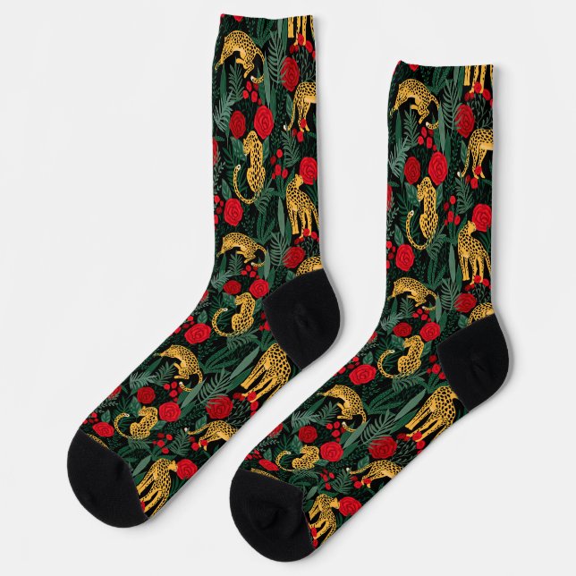 Calcetines Selva de leopardo oscuro con Rosas (Izquierda)