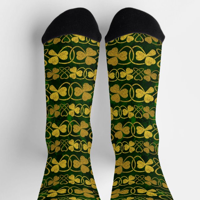Calcetines Shamrock irlandés-Clover Gold y Green Pattern Sock (Arriba)
