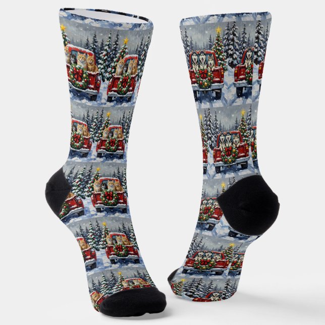 Calcetines Siberian Cat Christmas Red Truck Holiday (Angular)