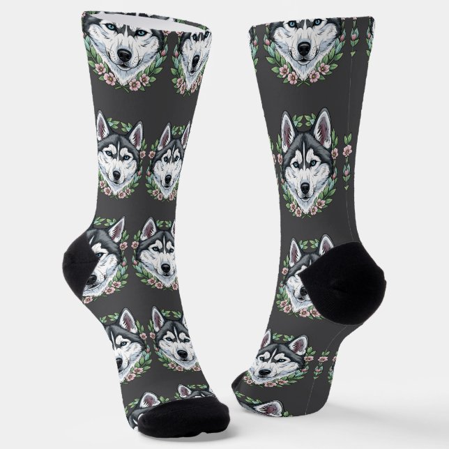 Calcetines Siberian Husky Dog And Mountain Laurel Flowers  (Angular)