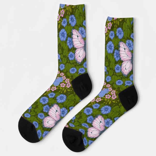 Calcetines Simetría de mariposas y flores, azul y rosa (Izquierda)