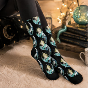 Calcetines Sirena Negra Luna Creciente Fantasía Art Déco
