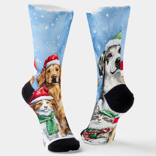 Calcetines Snowy Paws Festive Cute Christmas Pets Watercolor (Angular)