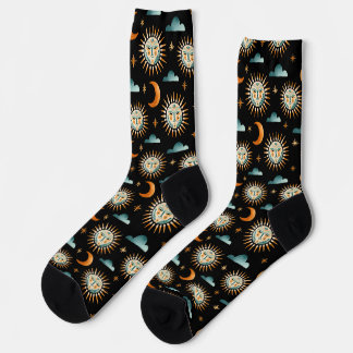 Calcetines Sonne- Mond- Wolkenmuster- Maya- Stil- schwarze