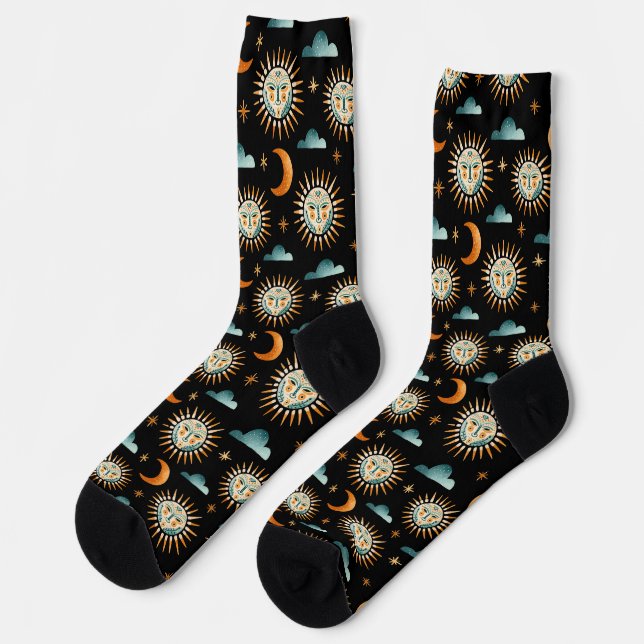 Calcetines Sonne- Mond- Wolkenmuster- Maya- Stil- schwarze (Izquierda)
