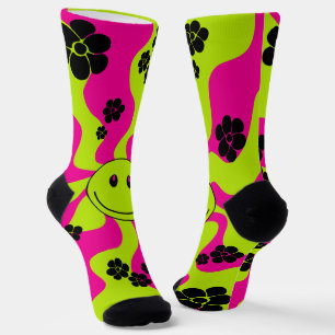Calcetines Sonríe en verde limón, rosa caliente y negro