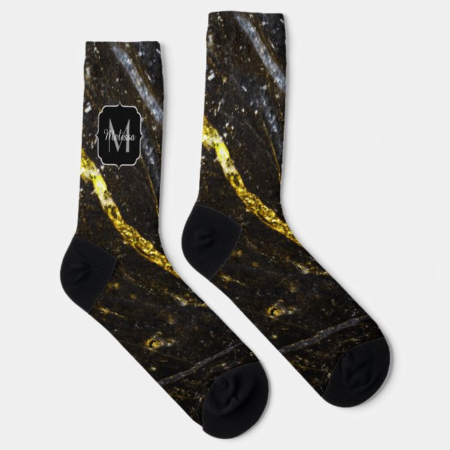 Calcetines Sparkly line oro moda negra abstracto Monograma (Derecha)