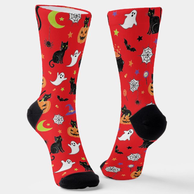 Calcetines Spooky Black Cat & Ghost Halloween Pattern Socks (Angular)