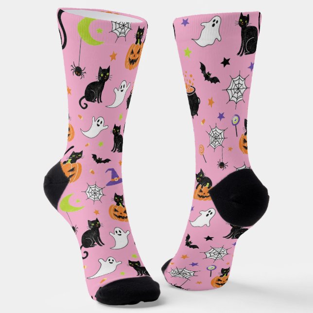 Calcetines Spooky Black Cat & Ghost Halloween Pattern Socks (Angular)
