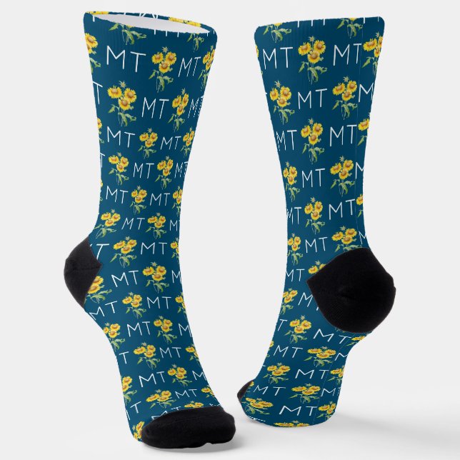 Calcetines Sunflowers & Leaves Monogram Blue Pattern (Angular)