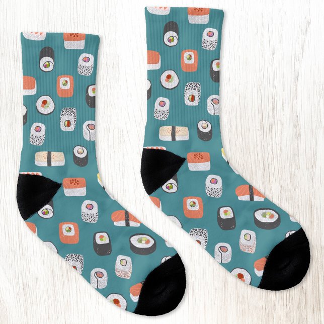 Calcetines Sushi (Japanese sushi food art teal green pattern socks)