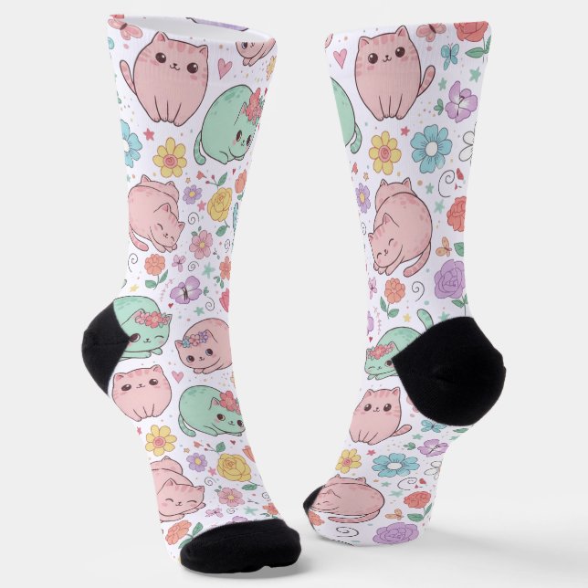 Calcetines Sweet Pastel Kawaii Cat and Spring Floral Pattern  (Angular)
