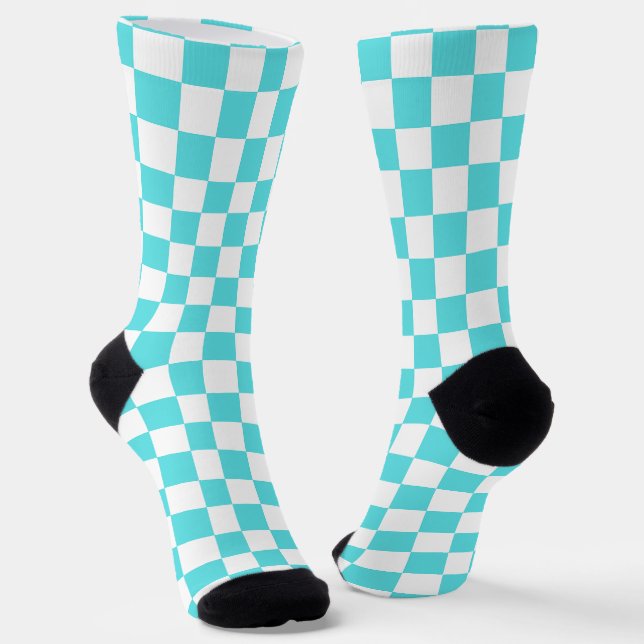 Calcetines Tablero de ajedrez azul turquesa visual clásico (Angular)