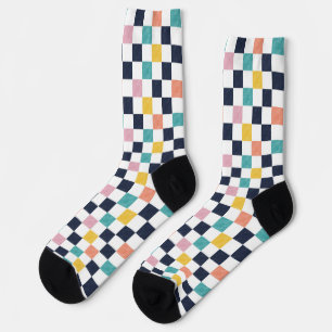 Calcetines Tablero de ajedrez de coral azul verdoso acuarela