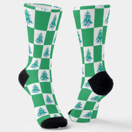 Calcetines tablero de cheques de árbol de navidad verde