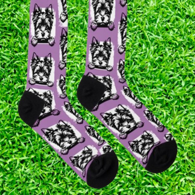 Calcetines Tema personalizado de la música melocotona malva (Show your love for Welsh Terriers with personalized purple puppy theme socks.  )