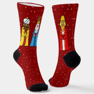 Calcetines Tres Reyes Magos y copos de nieve en rojo