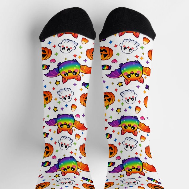 Calcetines 🦇🌈 Tripulación de fiesta espeluznante arcoíris (Arriba)