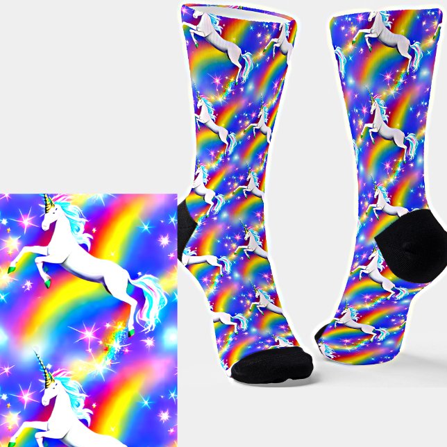 Calcetines Unicornio con arcoiris y estrellas en cielo azul (Subido por el creador)