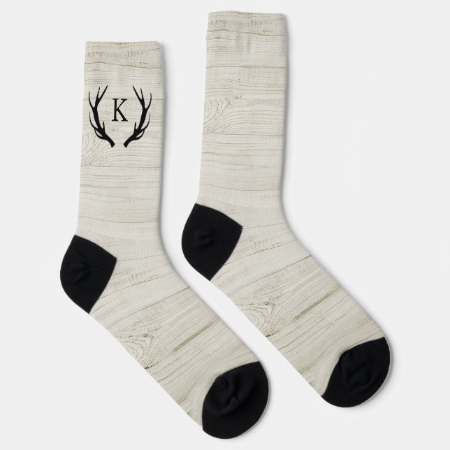 Calcetines Unisex Monogramado Rústico Deer Antler White Wood (Derecha)