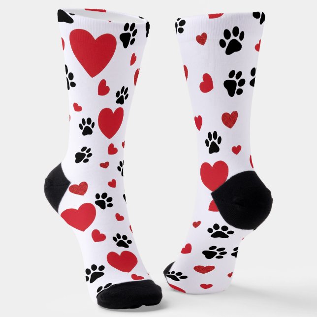 Calcetines Valentine's Day Paw Prints and Red Hearts Pattern  (Angular)