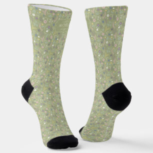 Calcetines Verde Salvia Flores Rosadas Blancas Patrón Floral