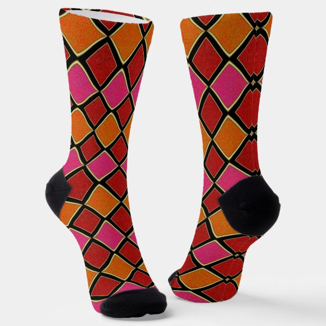 Calcetines Vibrant Harlequin Diamond Pattern in Red, Orange,  (Angular)