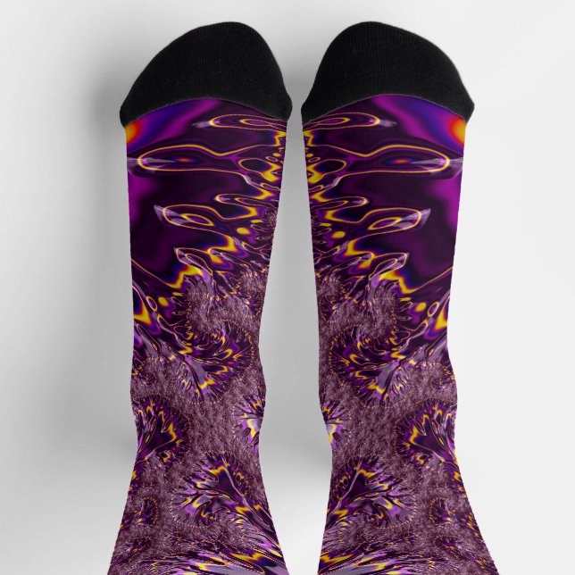 Calcetines Vibrante arte fractal trippy morado amarillo groov (Arriba)